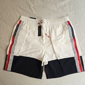 Tommy Hilfiger Swim Trunks White Red Navy Logo Stripe 7" Inseam